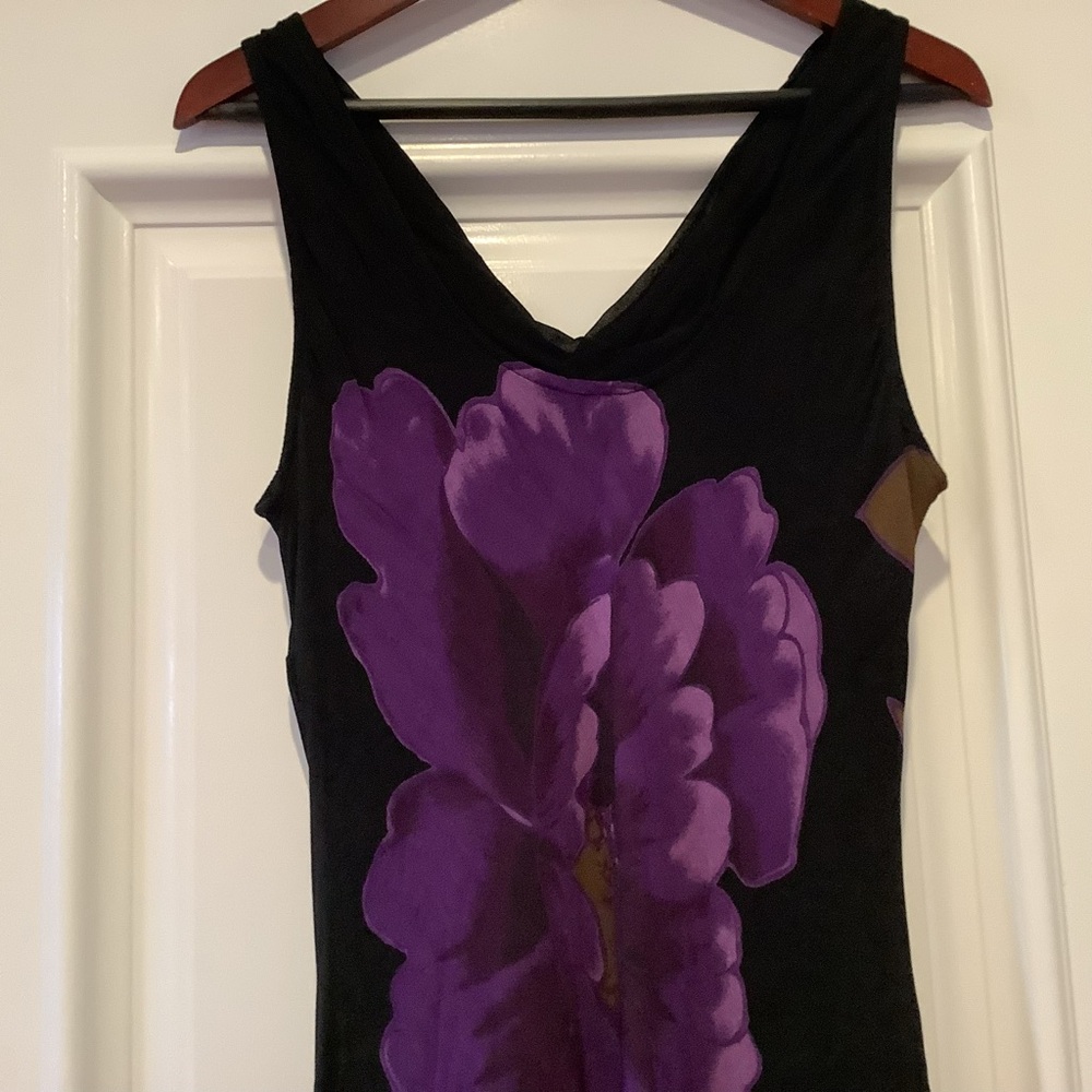 Vtg Black Purple Floral Midi Dress Size 14 Handkerchief Hem Fairy Whimsygoth - Picture 6 of 16